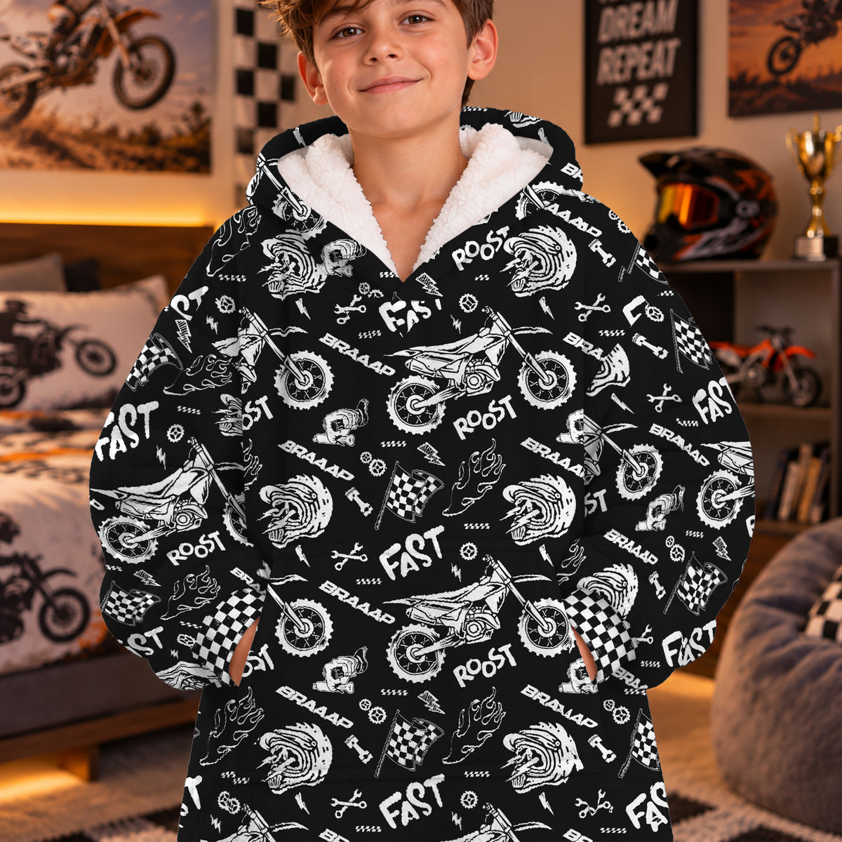 Dirt Bike Black and White Graphic Kids Snug Hoodie-Fleece