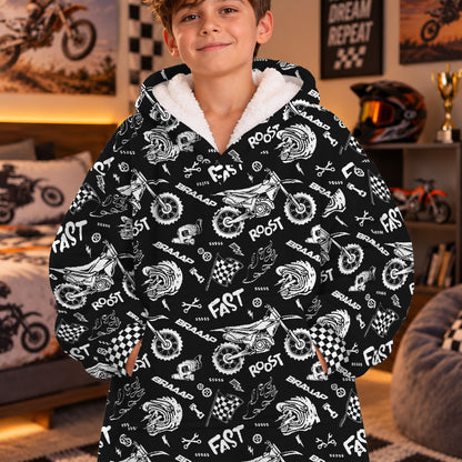 Dirt Bike Black and White Graphic Kids Snug Hoodie-Fleece