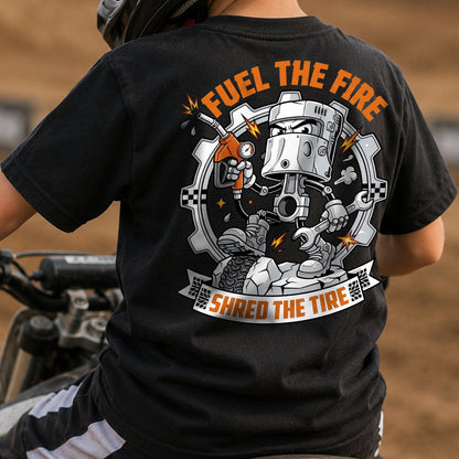 Fuel the Fire, Shred the Tire kids motocross tee styled outfit