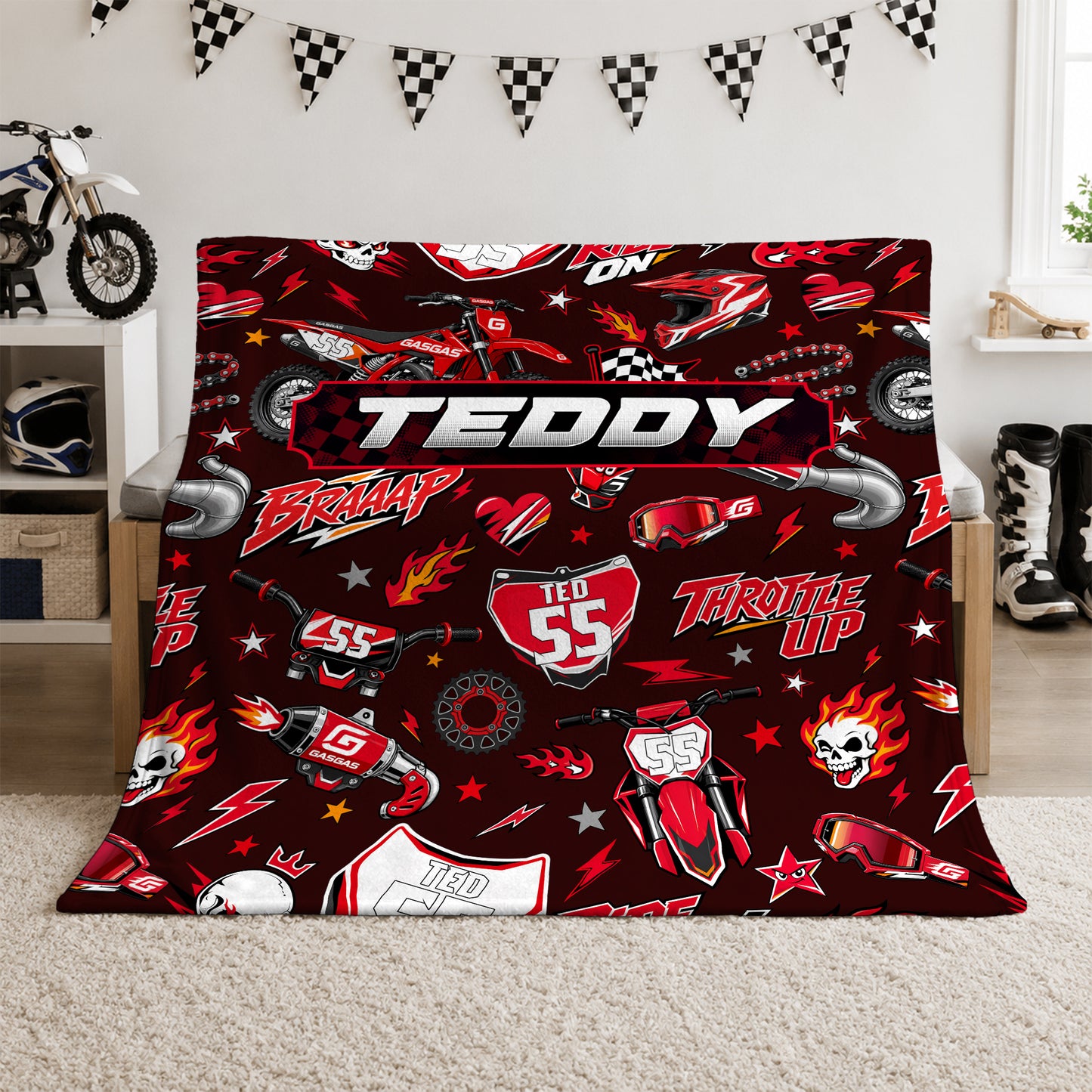 Personalized Graphic Motocross Blanket for Kids, Custom Name & Race Number Dirt Bike Blanket, Motocross Racing Gift for Boys