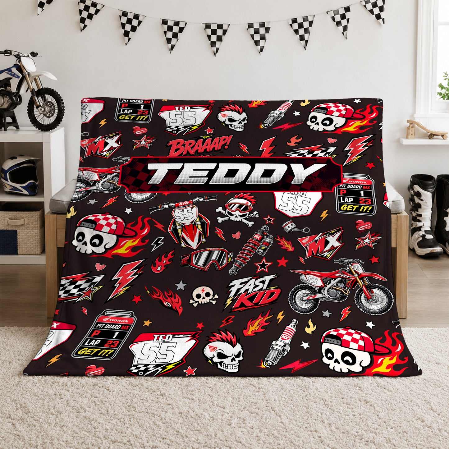 Personalized Graphic Motocross Blanket for Kids, Custom Name & Race Number Dirt Bike Blanket, Motocross Racing Gift for Boys