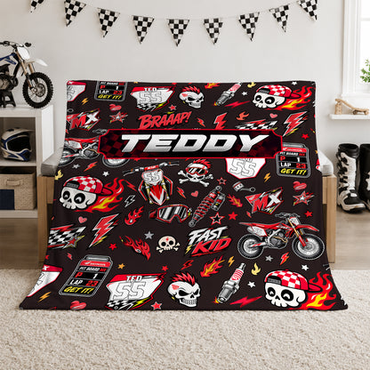 Personalized Graphic Motocross Blanket for Kids, Custom Name & Race Number Dirt Bike Blanket, Motocross Racing Gift for Boys