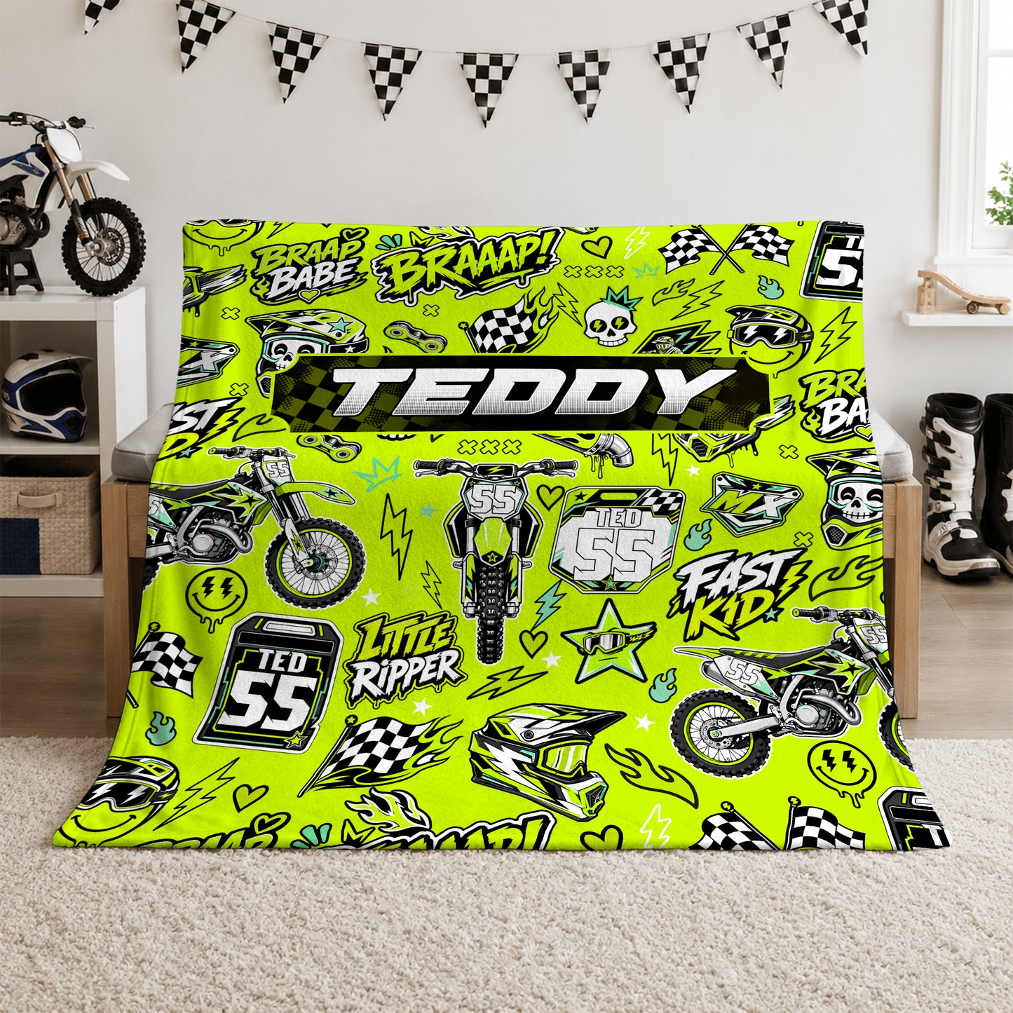 Personalized Graphic Motocross Blanket for Kids, Custom Name & Race Number Dirt Bike Blanket, Motocross Racing Gift for Boys
