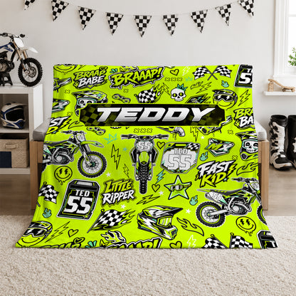 Personalized Graphic Motocross Blanket for Kids, Custom Name & Race Number Dirt Bike Blanket, Motocross Racing Gift for Boys