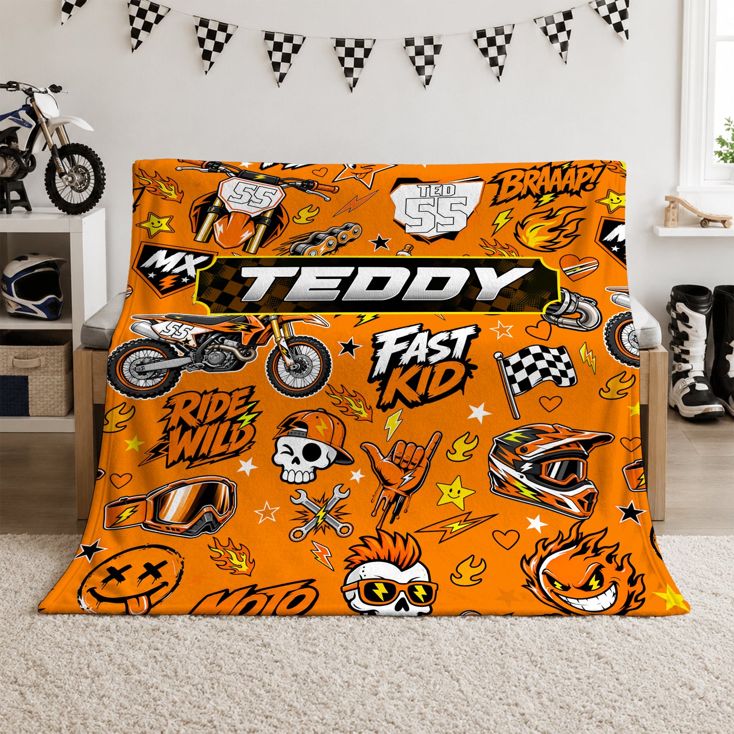 Personalized Graphic Motocross Blanket for Kids, Custom Name & Race Number Dirt Bike Blanket, Motocross Racing Gift for Boys
