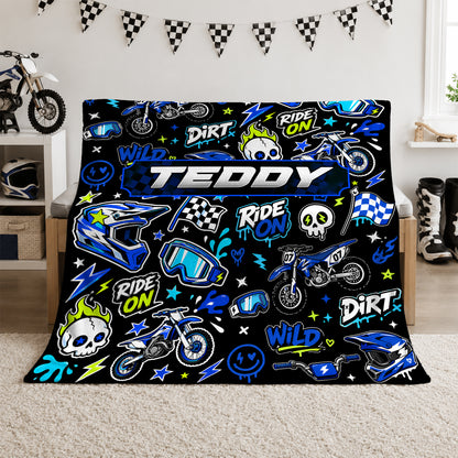 Personalized Graphic Motocross Blanket for Kids, Custom Name & Race Number Dirt Bike Blanket, Motocross Racing Gift for Boys