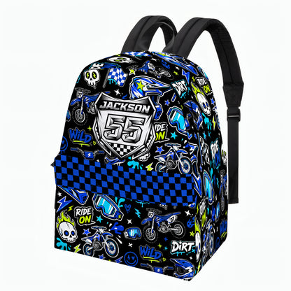 Personalized Team Blue Dirt Bike Backpack – Custom Name & Race Number