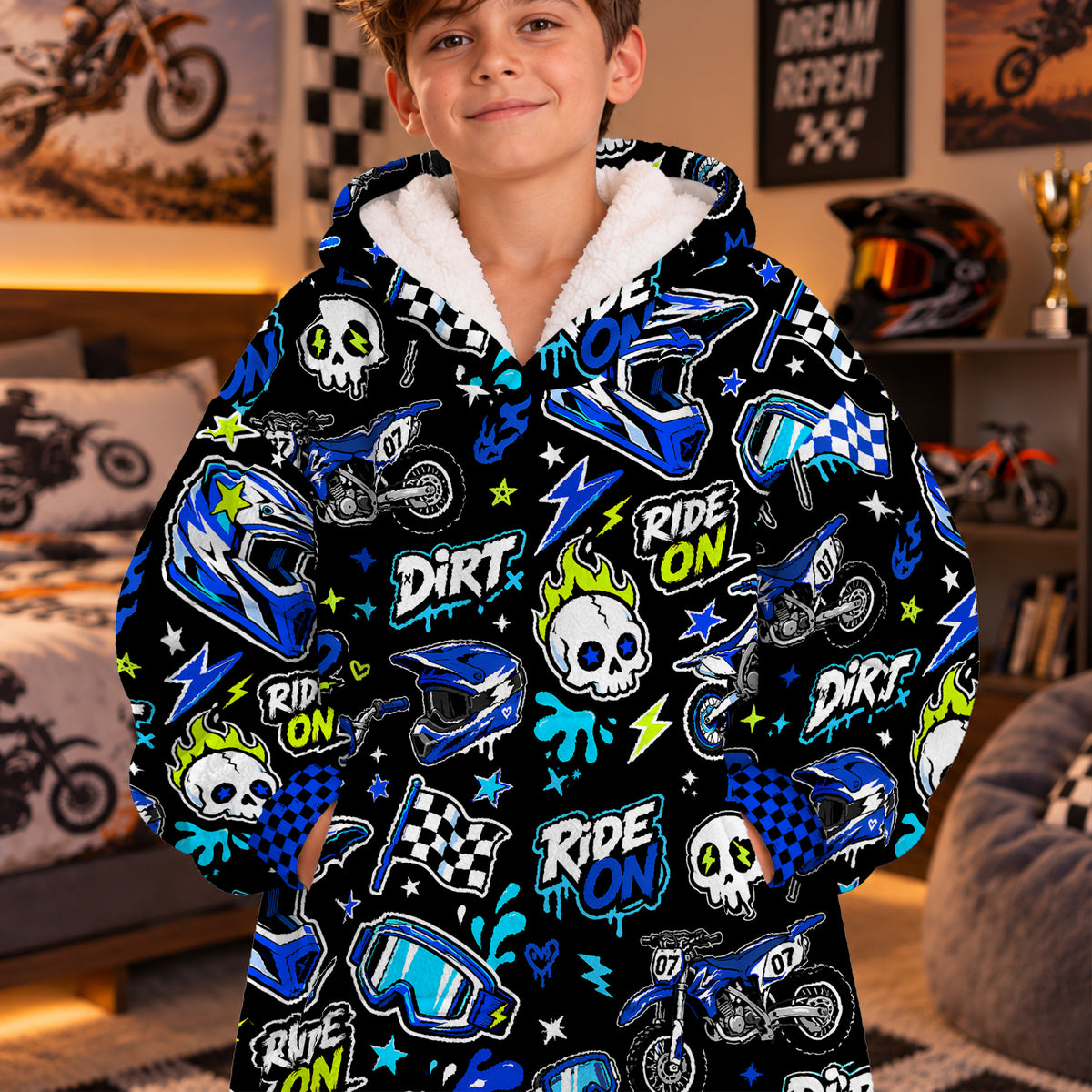 Team Blue Dirt Bike Kids Snug Hoodie-Fleece