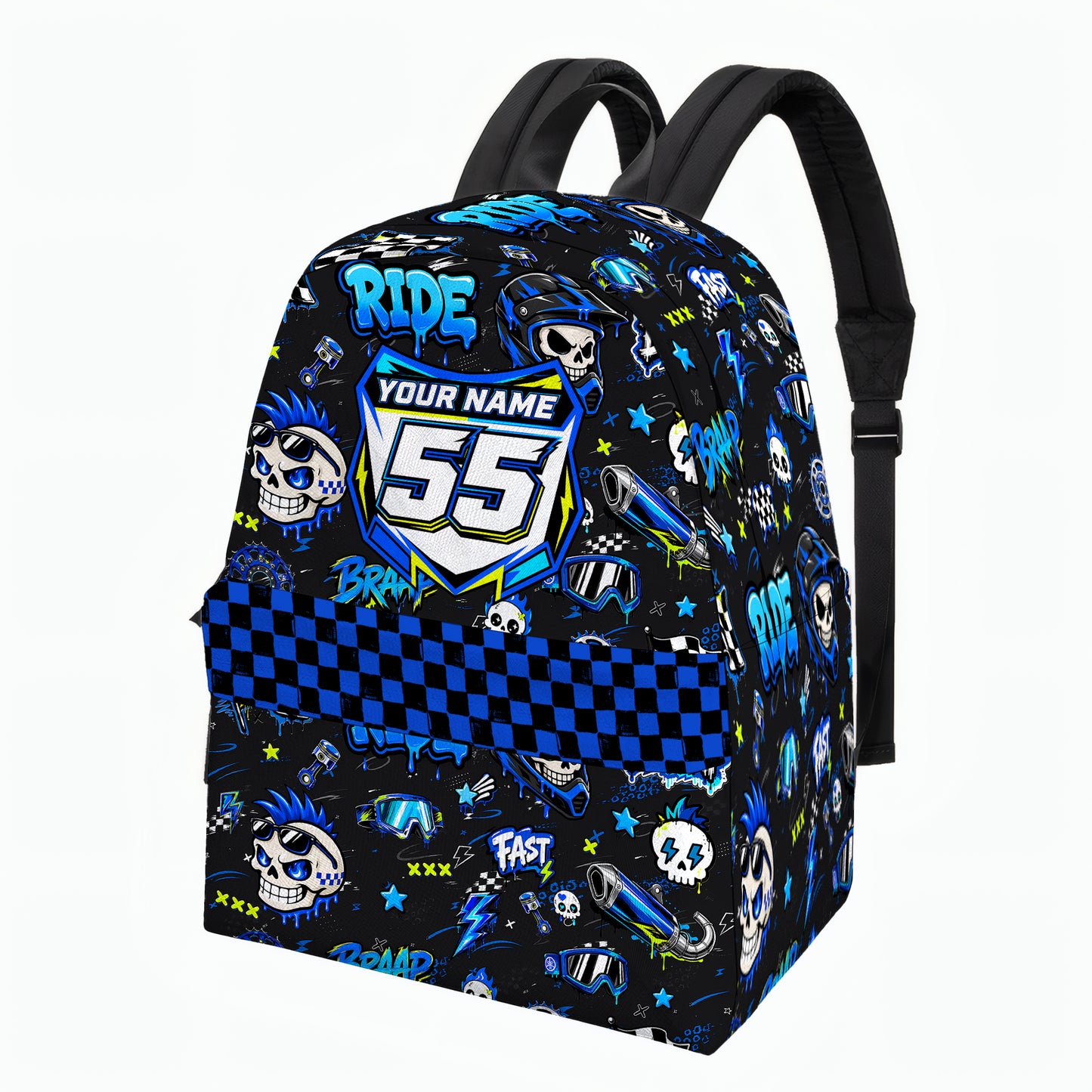 Personalized Team Blue Dirt Bike Backpack – Custom Name & Race Number