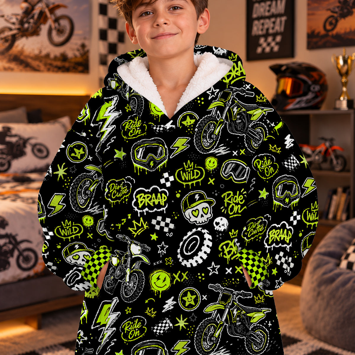 Team Green Dirt Bike Kids Snug Hoodie-Fleece