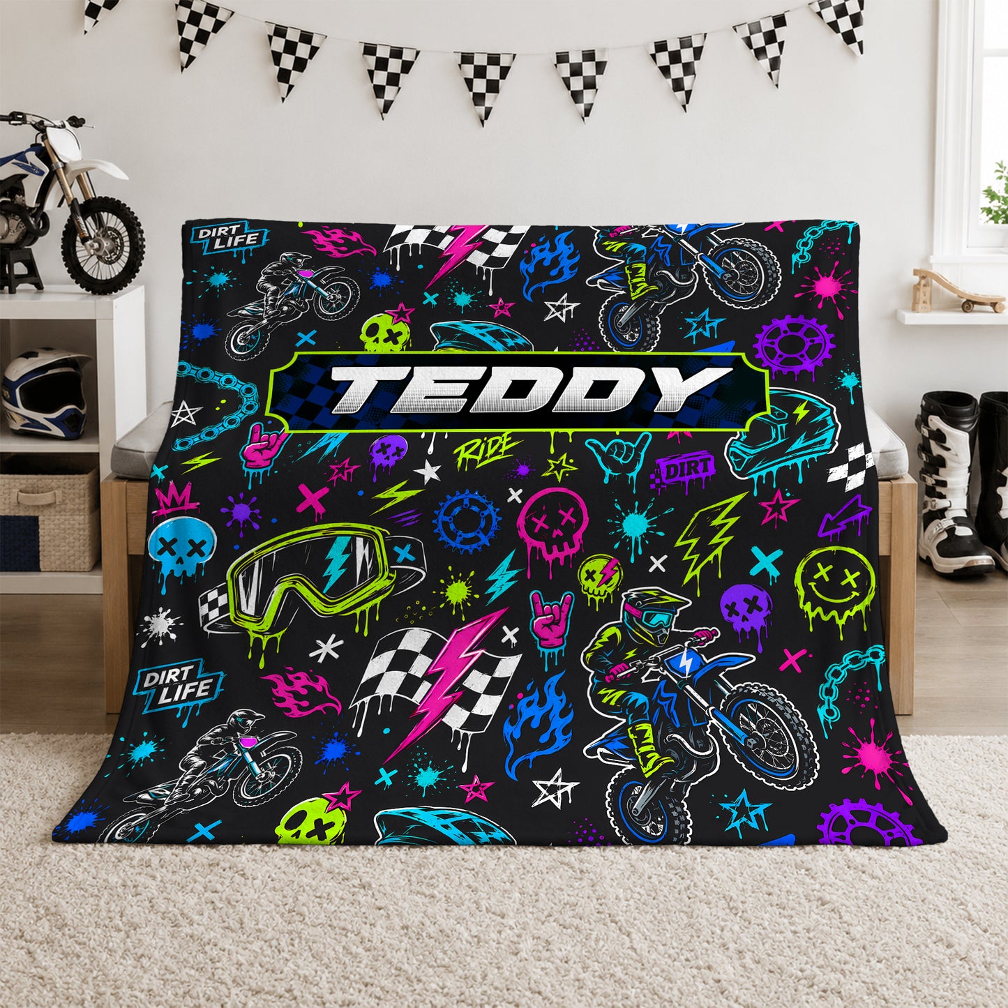 Personalized Graphic Motocross Blanket for Kids, Custom Name & Race Number Dirt Bike Blanket, Motocross Racing Gift for Boys