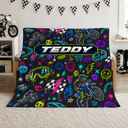 Personalized Graphic Motocross Blanket for Kids, Custom Name & Race Number Dirt Bike Blanket, Motocross Racing Gift for Boys