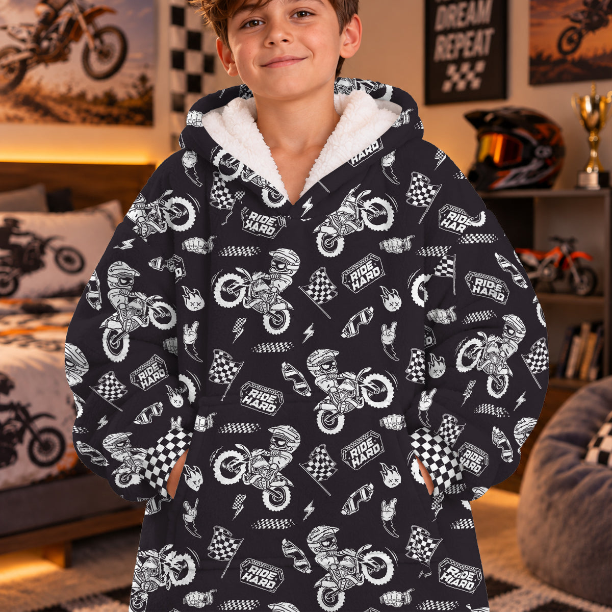Dirt Bike Ride Hard Black and White Graphic Kids Snug Hoodie-Fleece