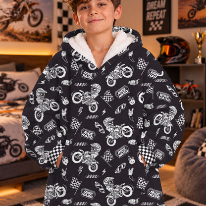 Dirt Bike Ride Hard Black and White Graphic Kids Snug Hoodie-Fleece