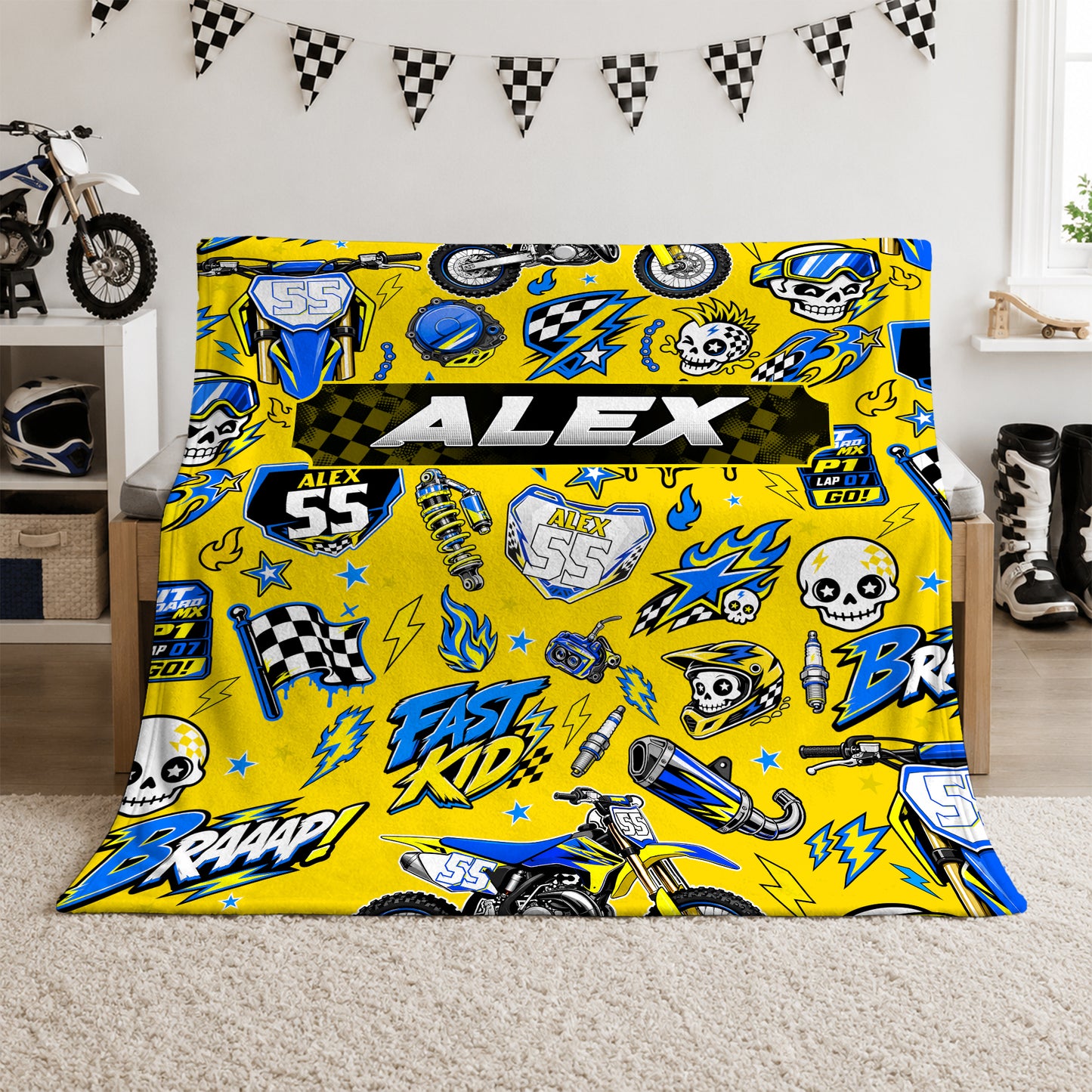 Personalized Graphic Motocross Blanket for Kids, Custom Name & Race Number Dirt Bike Blanket, Motocross Racing Gift for Boys