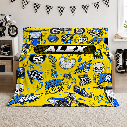Personalized Graphic Motocross Blanket for Kids, Custom Name & Race Number Dirt Bike Blanket, Motocross Racing Gift for Boys