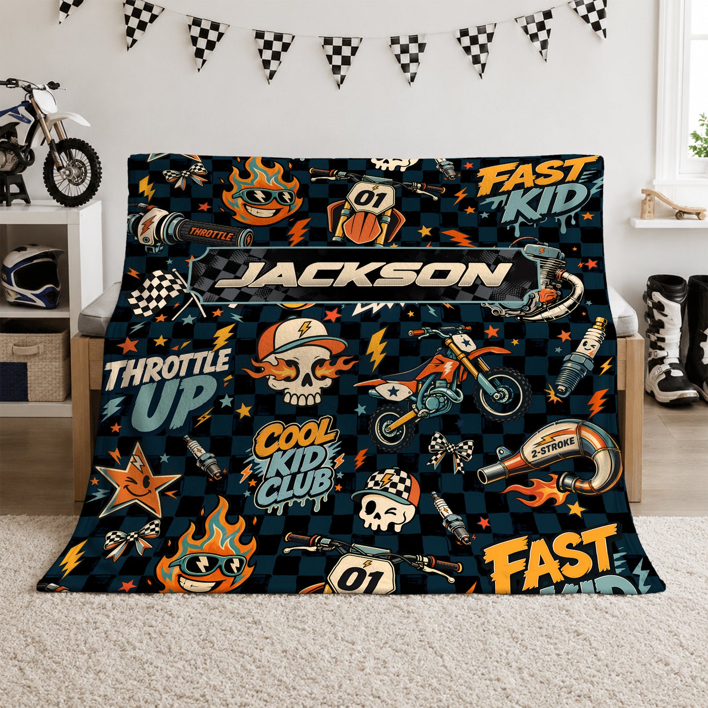 Personalized Graphic Motocross Blanket for Kids, Custom Name & Race Number Dirt Bike Blanket, Motocross Racing Gift for Boys