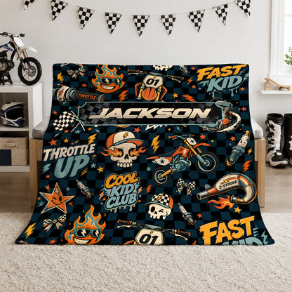Personalized Graphic Motocross Blanket for Kids, Custom Name & Race Number Dirt Bike Blanket, Motocross Racing Gift for Boys
