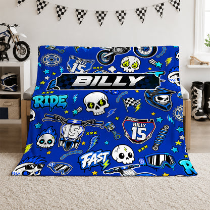 Personalized Graphic Motocross Blanket for Kids, Custom Name & Race Number Dirt Bike Blanket, Motocross Racing Gift for Boys
