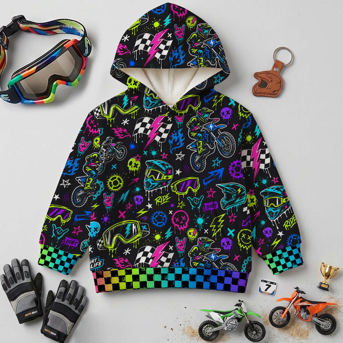 Kids Neon Dirt Bike Cotton Hoodie Personalized
