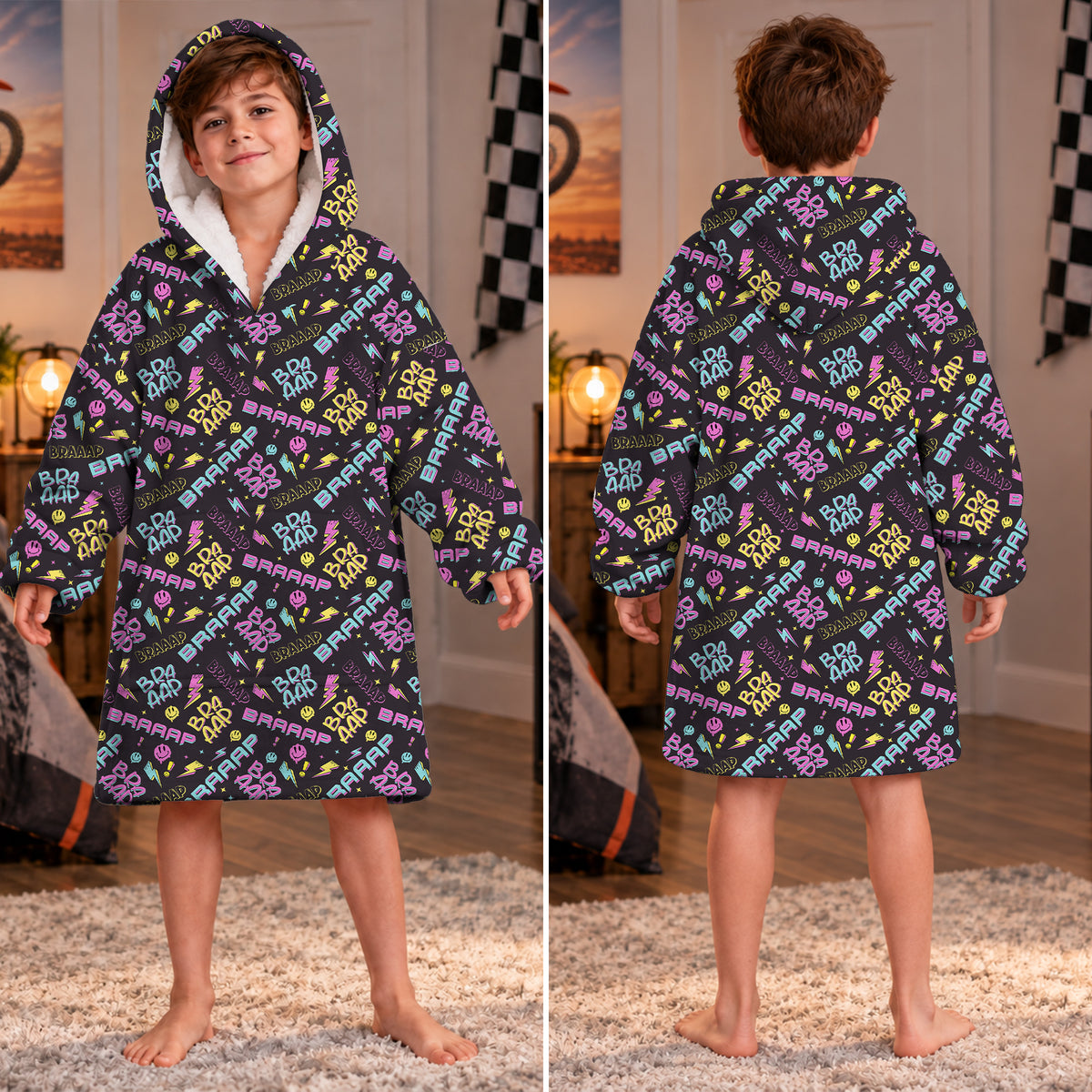 Braaap Neon Graphic Dirt Bike Kids Snug Hoodie-Fleece