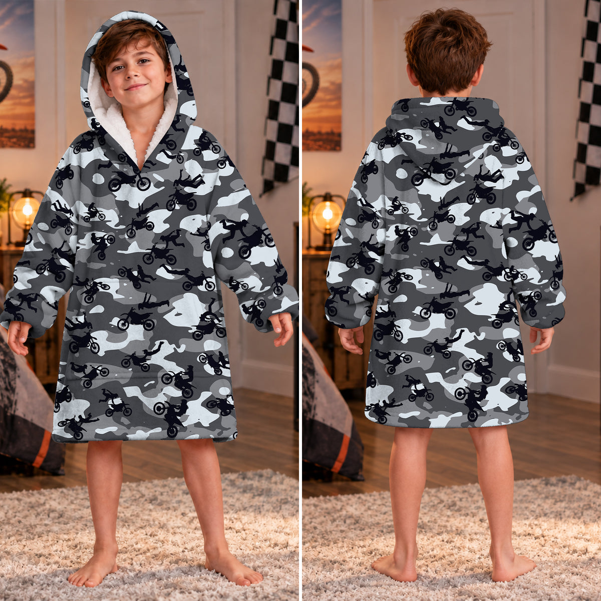 Camo Dirt Bike Kids Snug Hoodie-Fleece