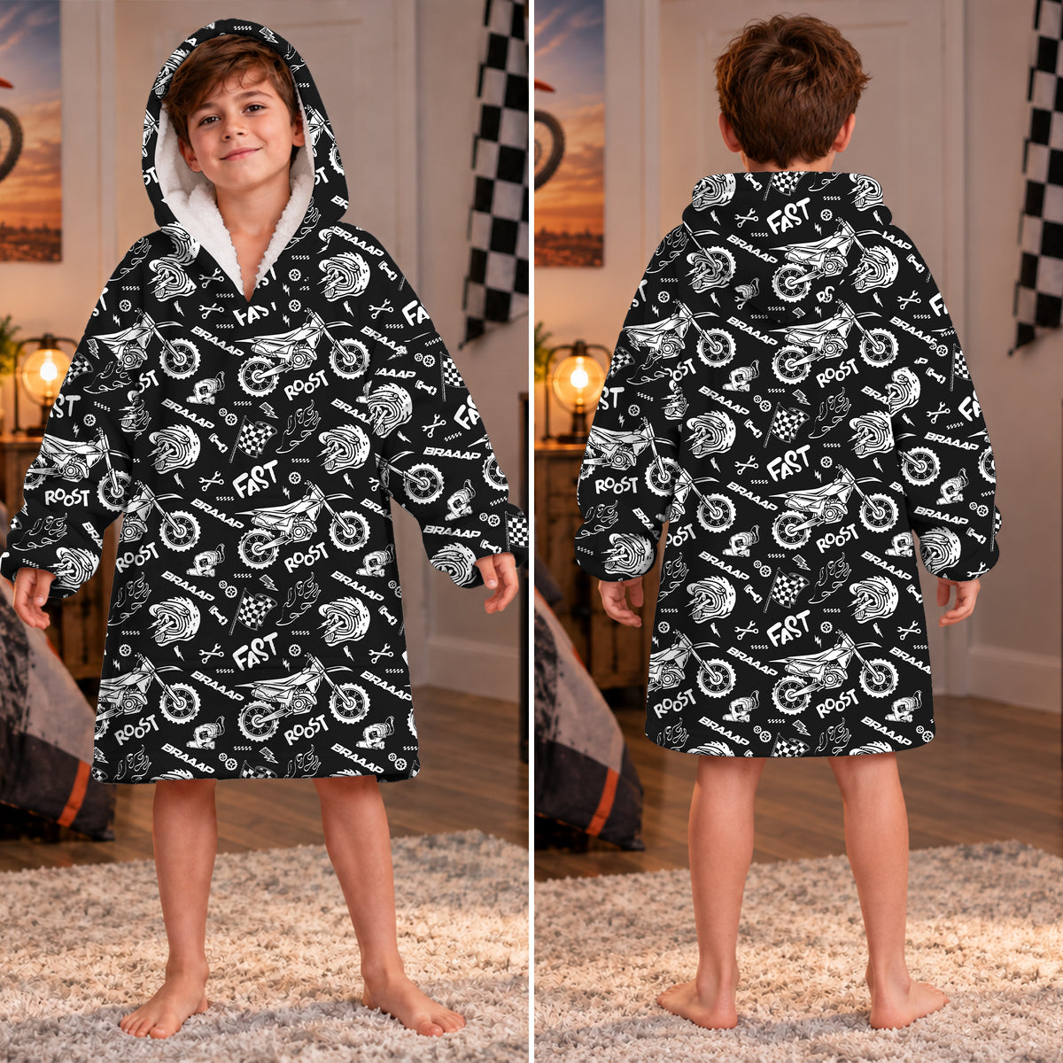 Dirt Bike Black and White Graphic Kids Snug Hoodie-Fleece