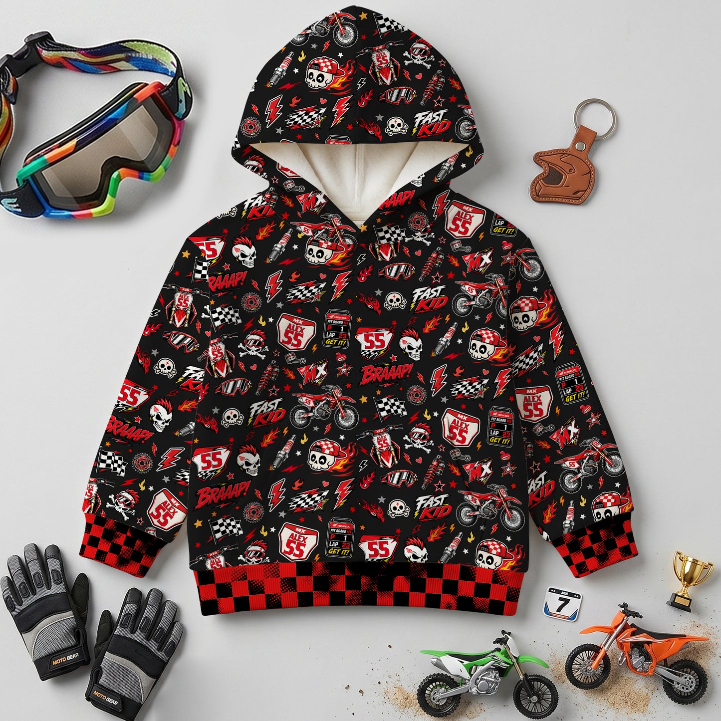 Kids Honda Red Motocross Cotton Hoodie Personalized