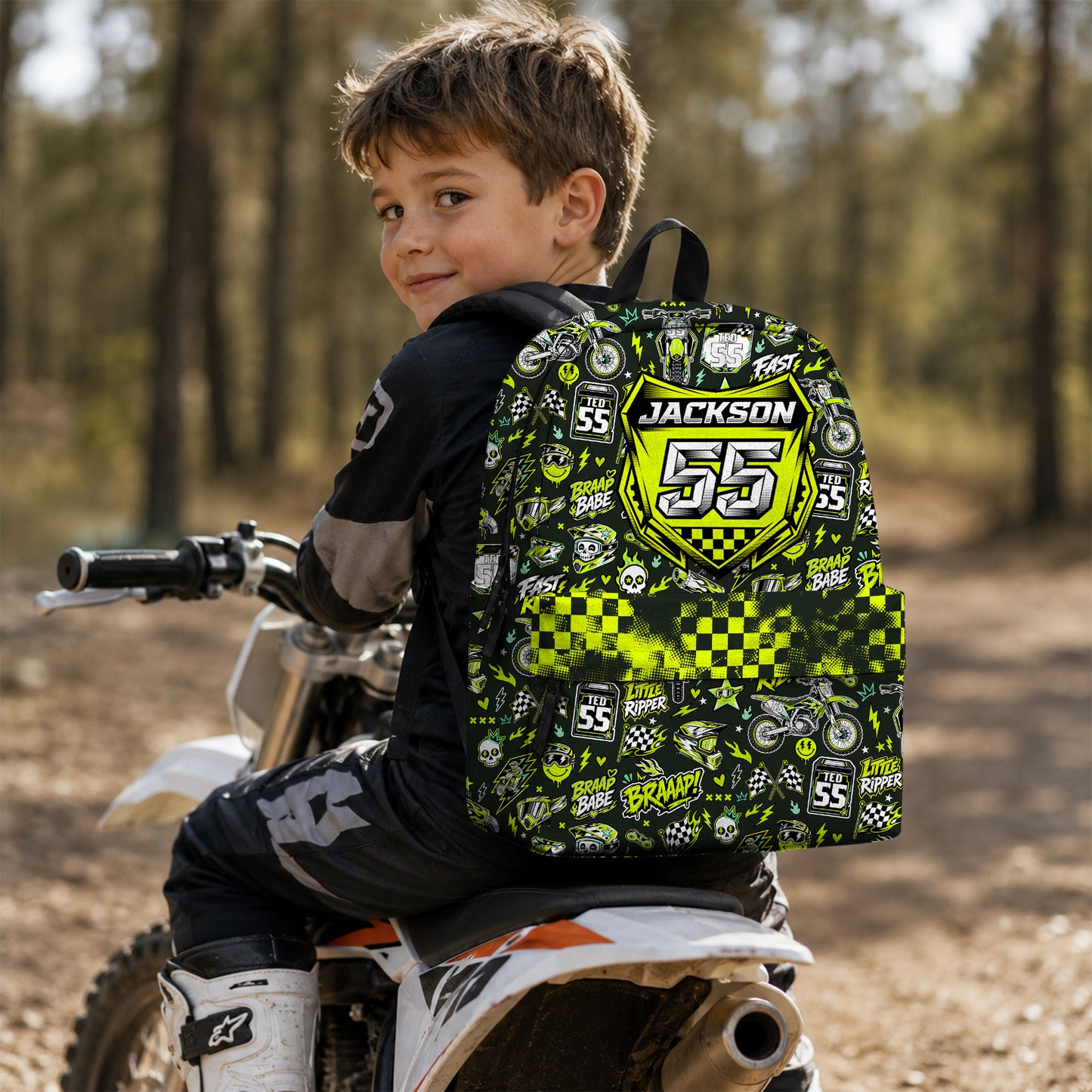 Personalized Kawasaki Dirt Bike Backpack – Custom Name & Race Number