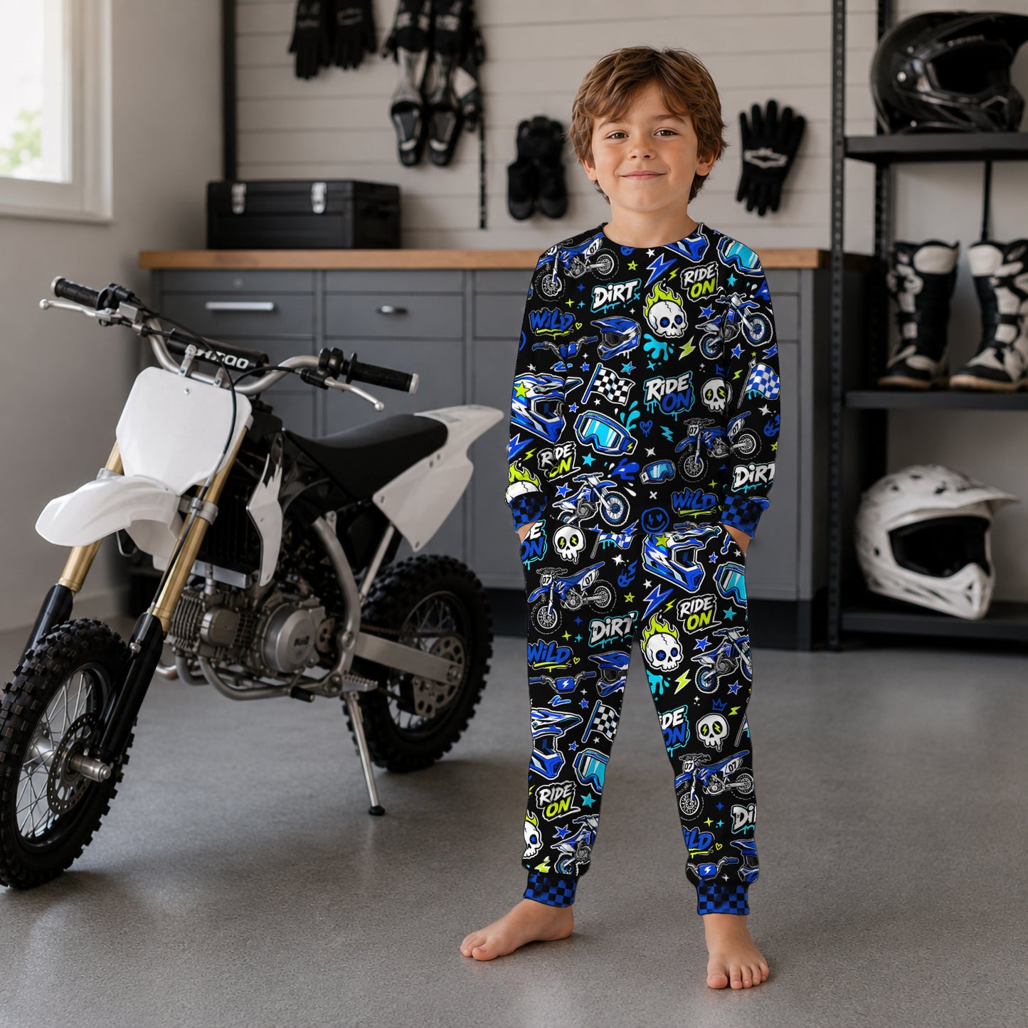 Personalized Team Blue Dirt Bike Pajamas – Custom Name Kids Motocross Pajama Set