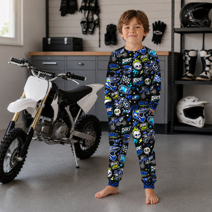 Personalized Team Blue Dirt Bike Pajamas – Custom Name Kids Motocross Pajama Set
