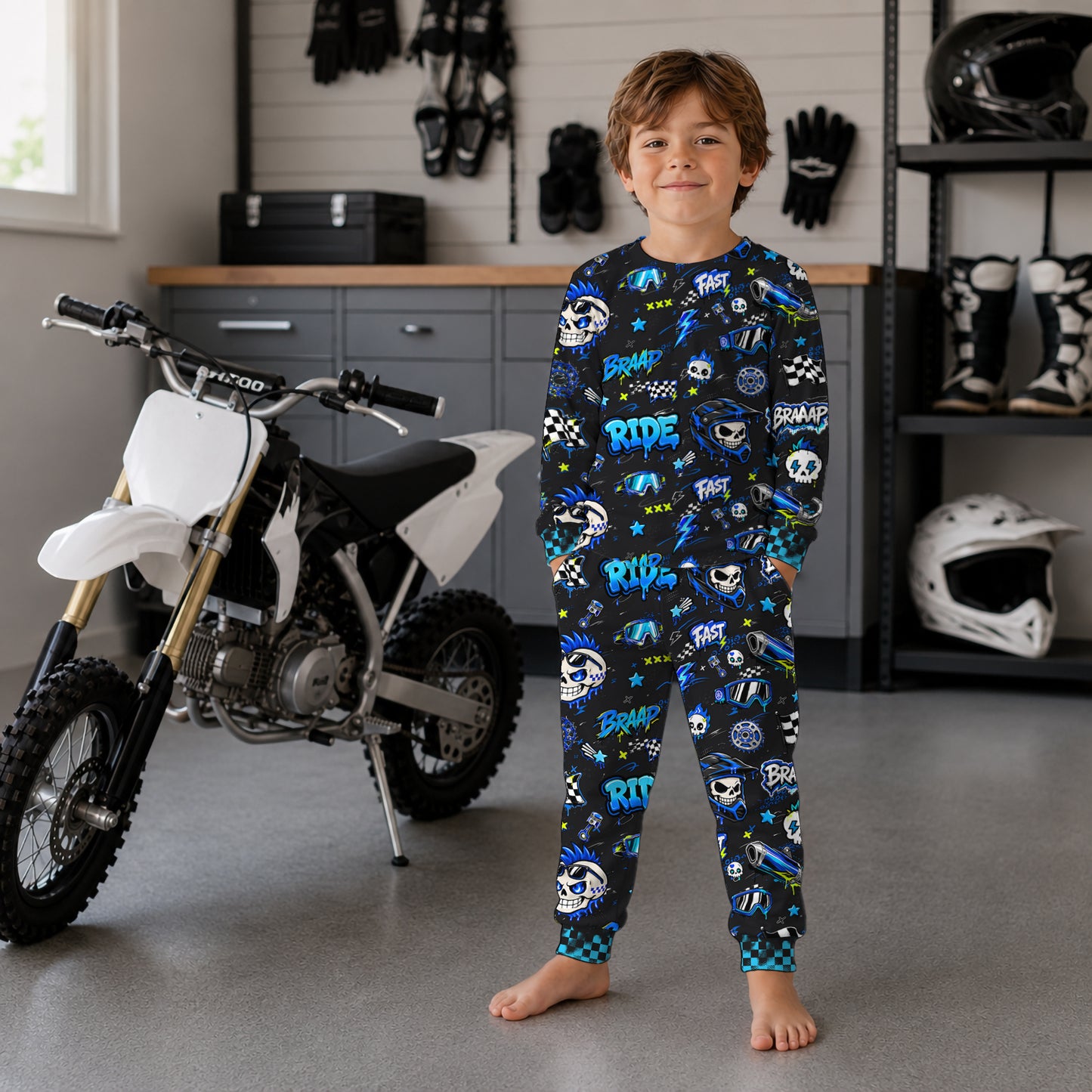 Personalized Team Blue Dirt Bike Pajamas – Custom Name Kids Motocross Pajama Set