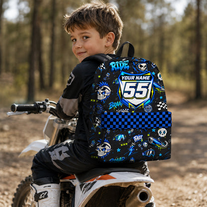Personalized Team Blue Dirt Bike Backpack – Custom Name & Race Number