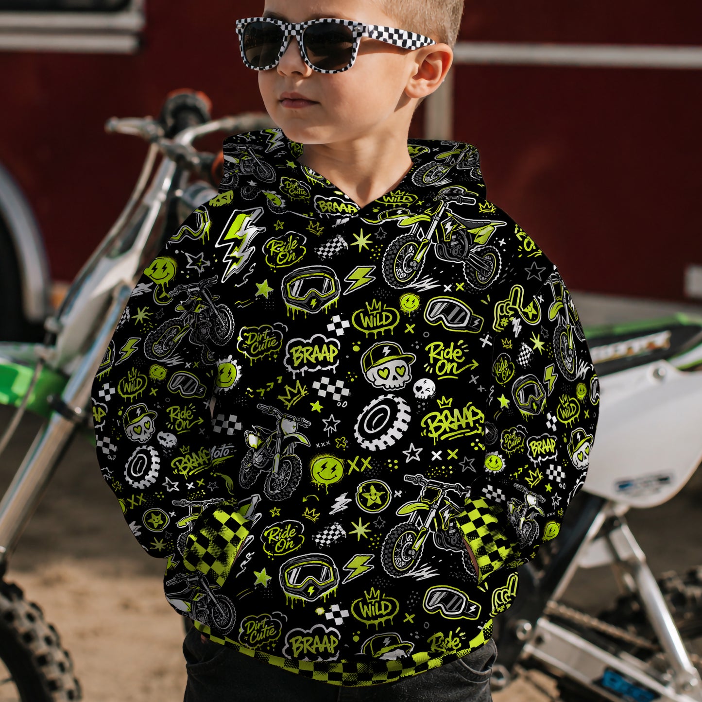 Kids Neon Green Dirt Bike Cotton Hoodie Personalized