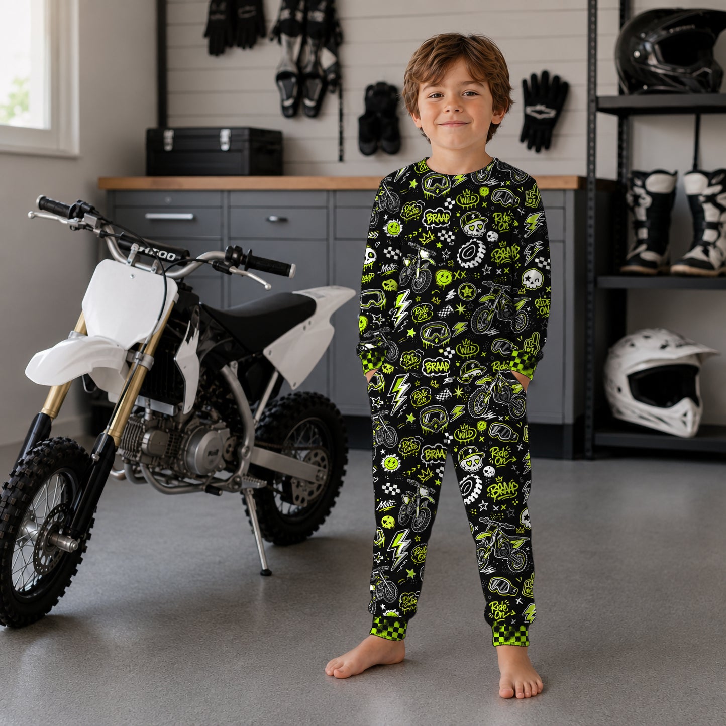 Personalized Team Green Dirt Bike Pajamas – Custom Name Kids Motocross Pajama Set