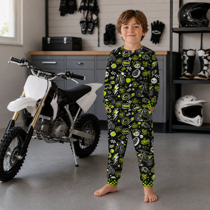 Personalized Team Green Dirt Bike Pajamas – Custom Name Kids Motocross Pajama Set