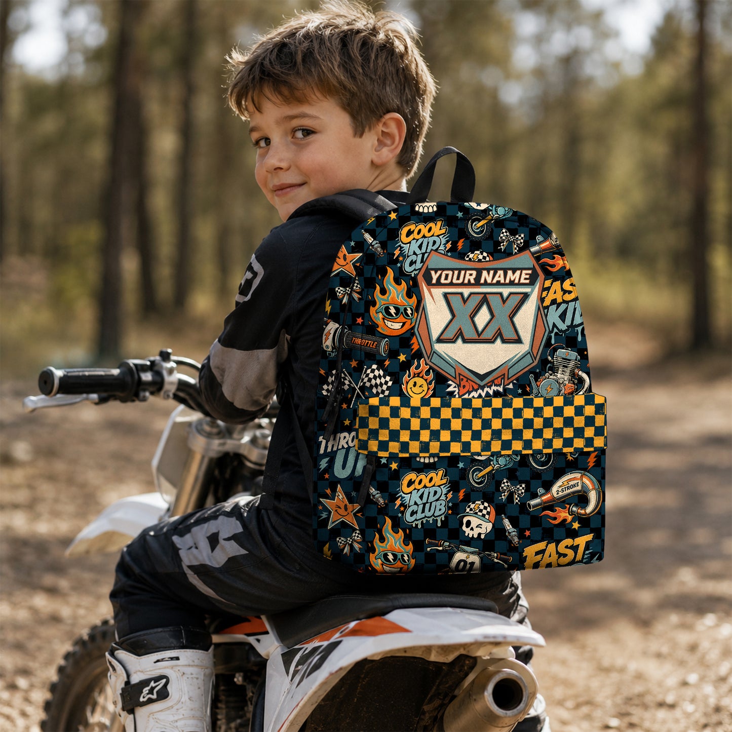 Personalized Vintage Dirt Bike Backpack – Custom Name & Race Number