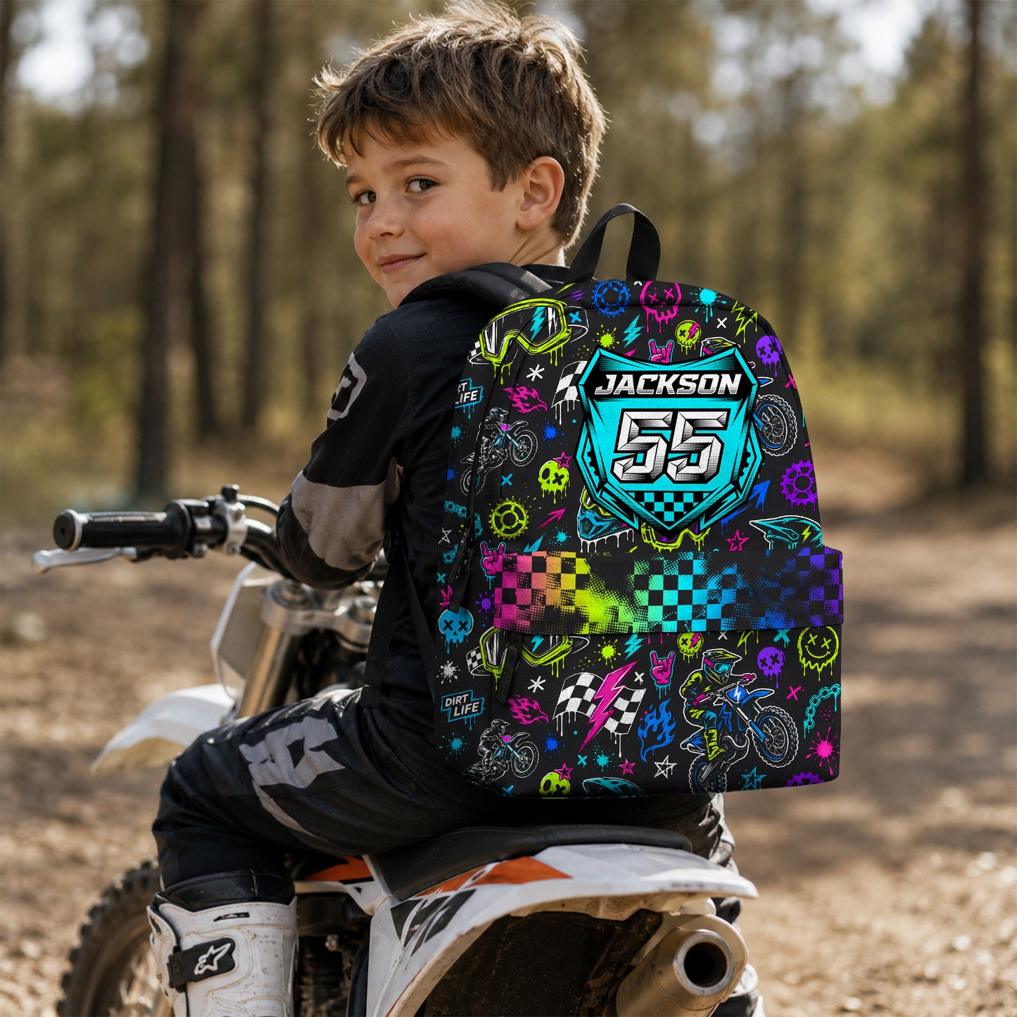 Personalized Team Neon Dirt Bike Backpack – Custom Name & Race Number