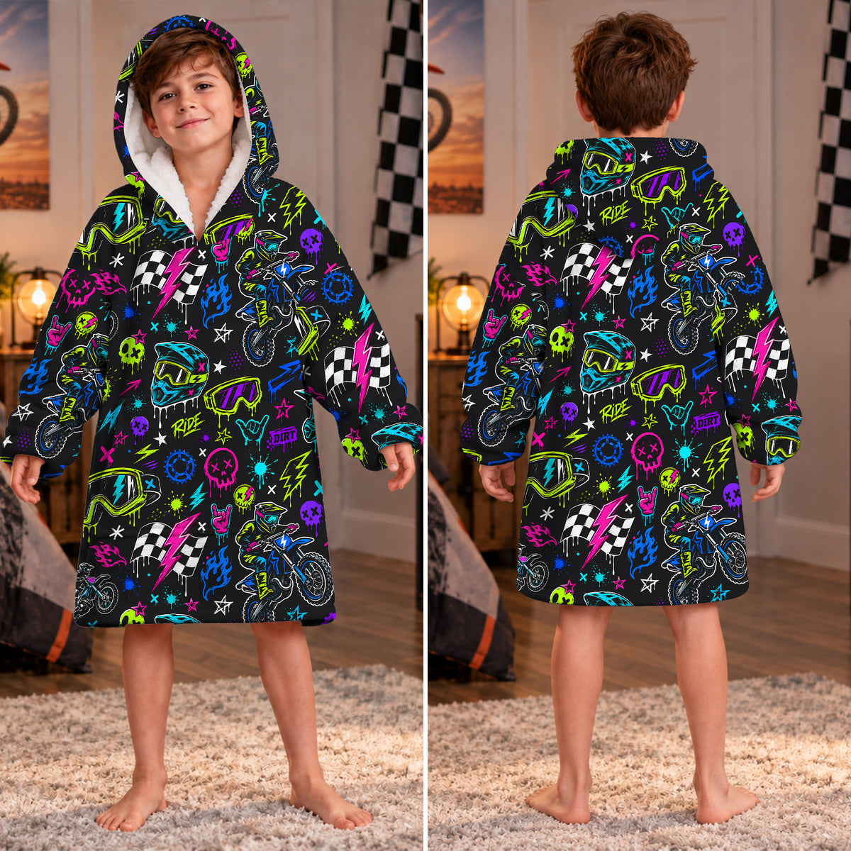 Neon Dirt Bike Kids Snug Hoodie-Fleece