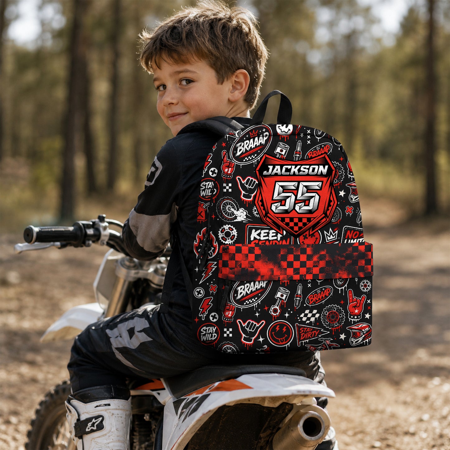 Personalized Team Red Dirt Bike Backpack – Custom Name & Race Number