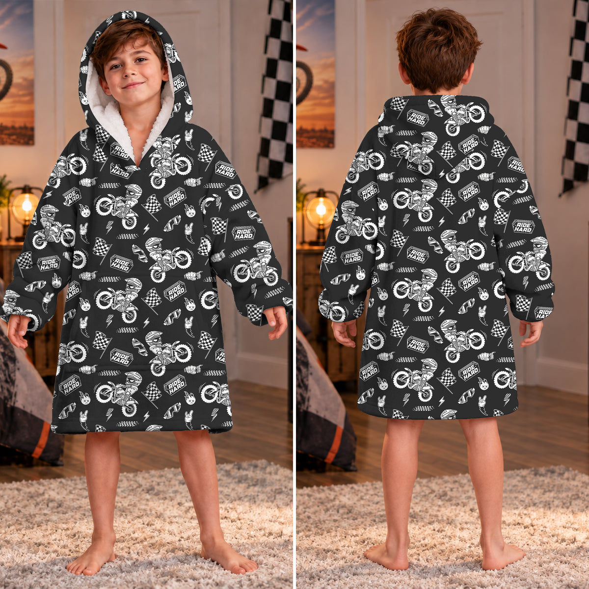 Dirt Bike Ride Hard Black and White Graphic Kids Snug Hoodie-Fleece