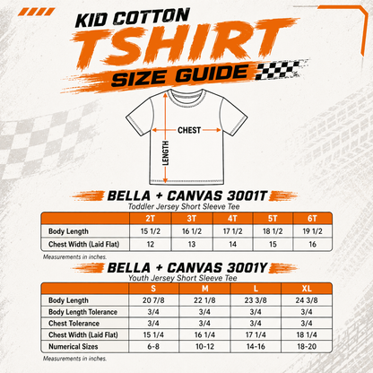 Kids t-shirt size chart from 2T to youth XL