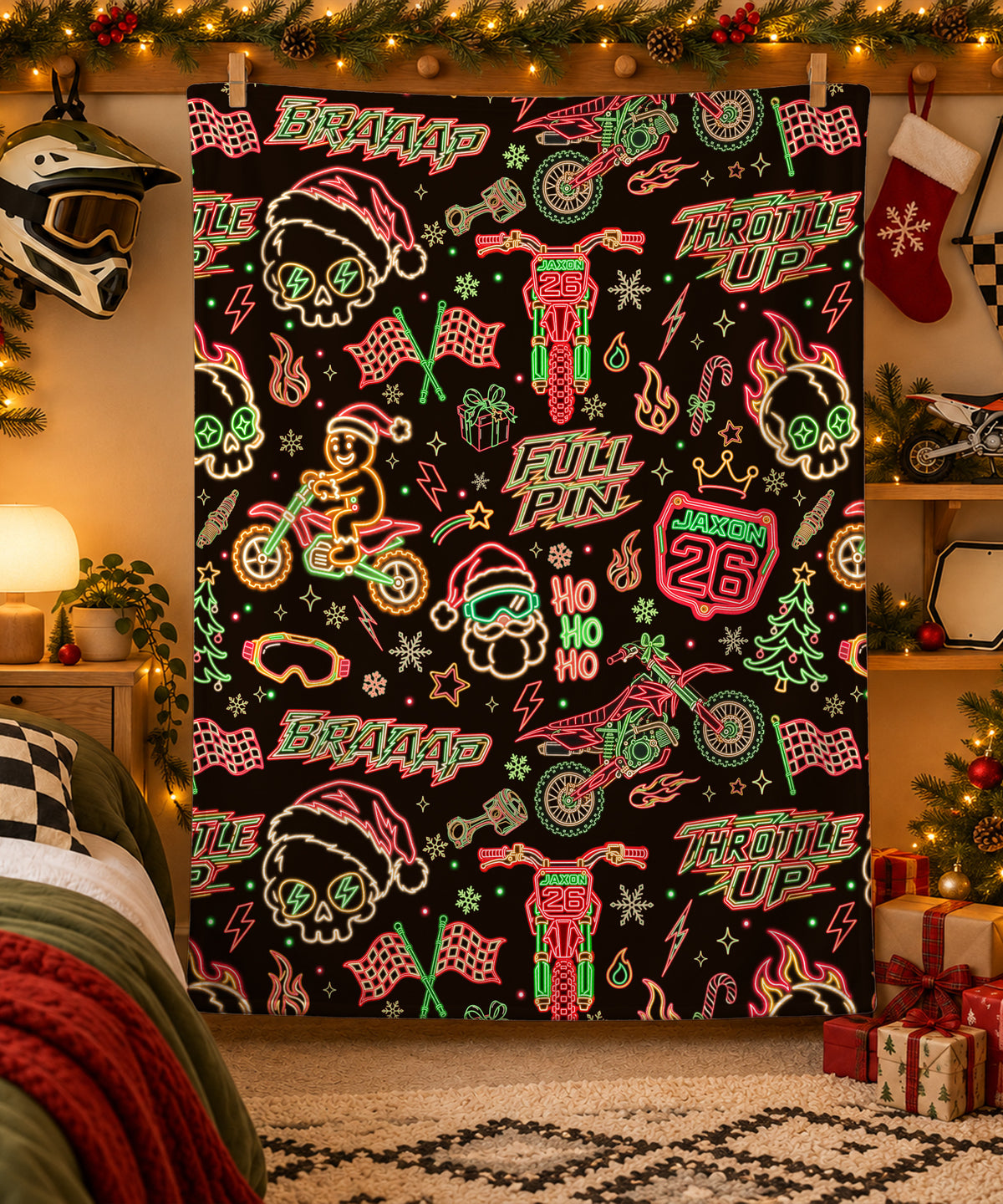 Personalized Neon Glow Dirt Bike Christmas Sherpa Blanket