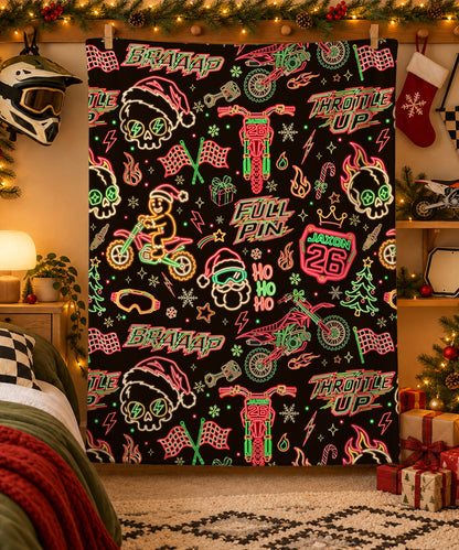 Personalized Neon Glow Dirt Bike Christmas Sherpa Blanket