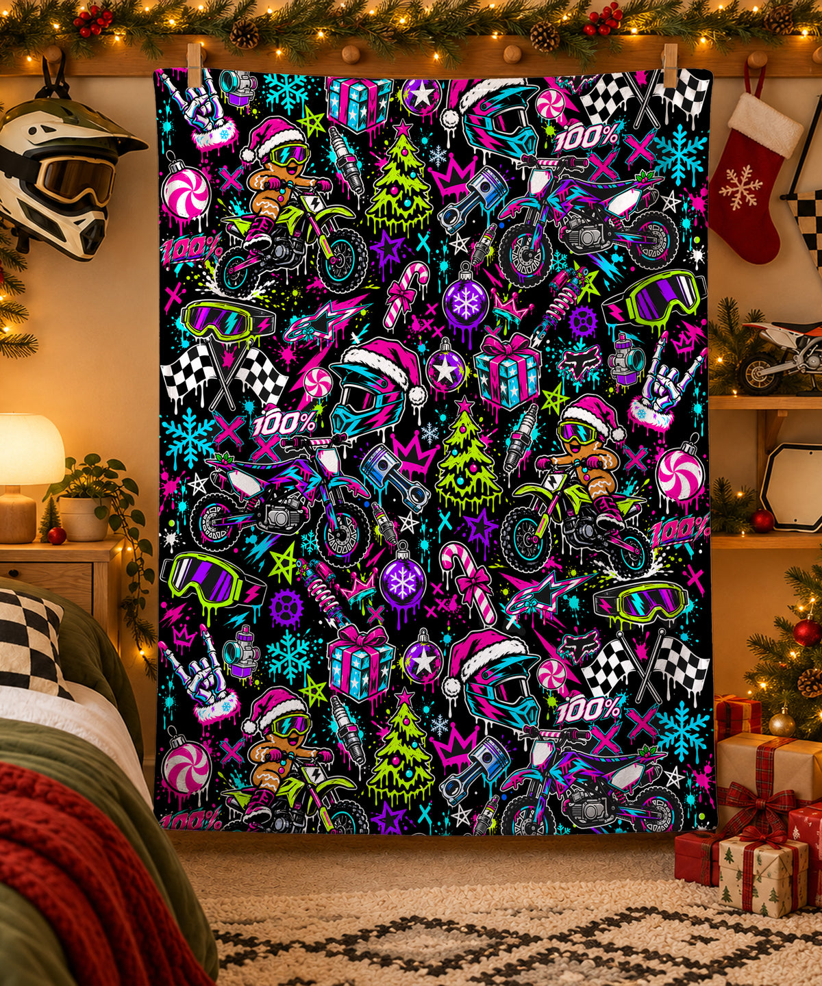Neon Glow Dirt Bike Christmas Sherpa Blanket