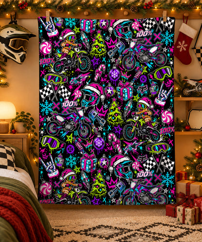 Neon Glow Dirt Bike Christmas Sherpa Blanket