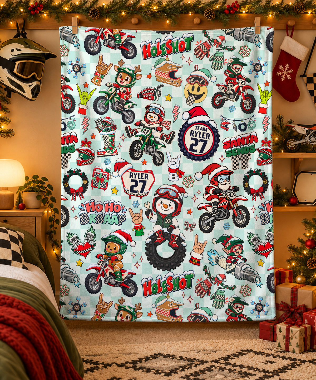 Personalized Vintage Dirt Bike Christmas Sherpa Blanket
