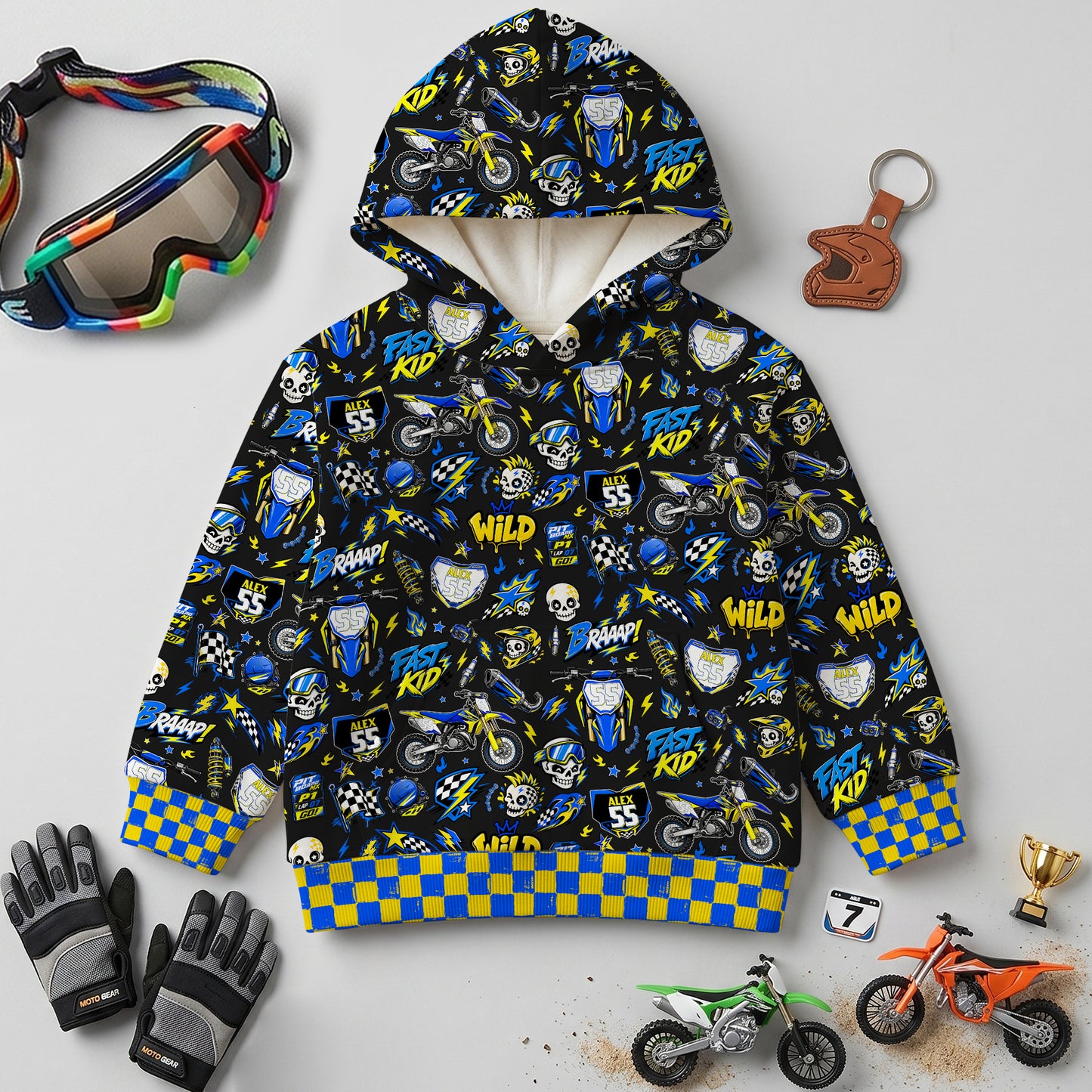 Kids Suzuki Yellow And Blue Dirt Bike Cotton Hoodie Personalized