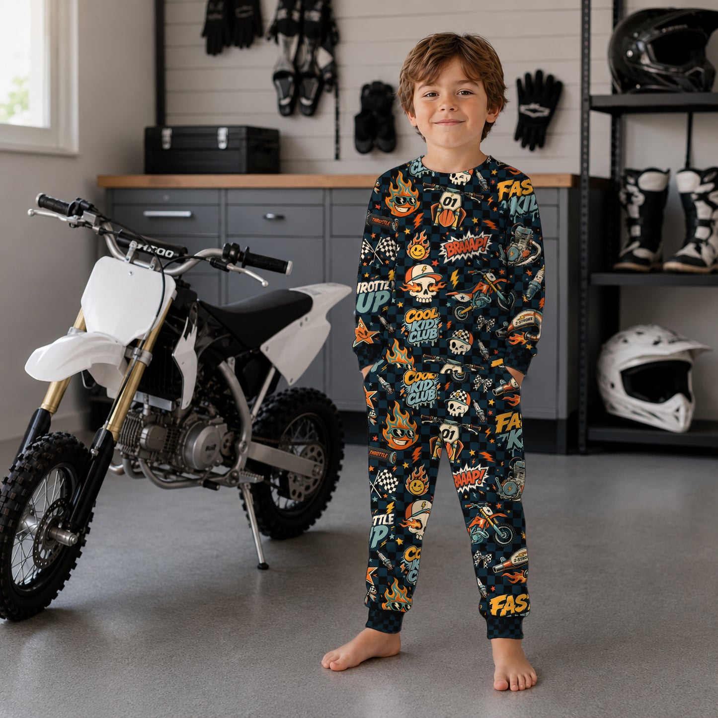 Personalized Vintage Dirt Bike Pajamas – Custom Name Kids Motocross Pajama Set