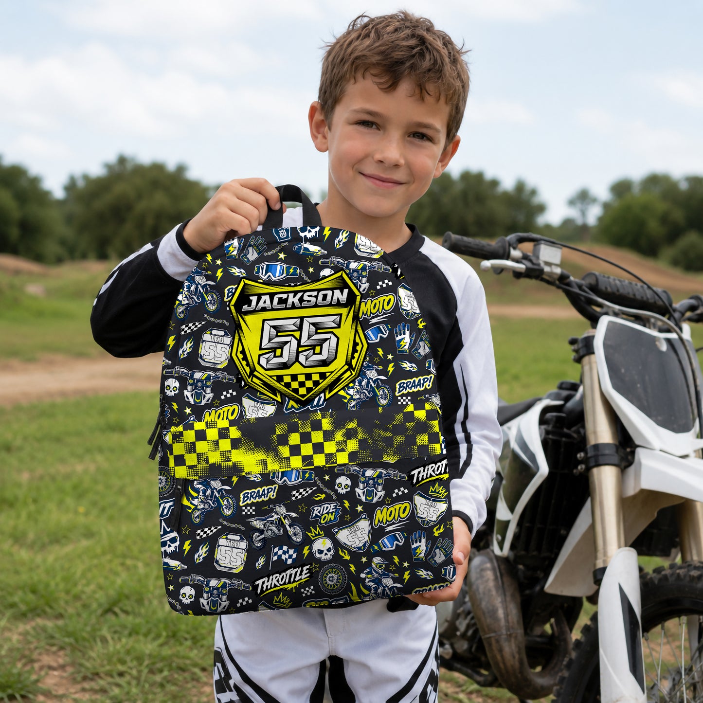 Personalized Husqvarna Dirt Bike Backpack – Custom Name & Race Number